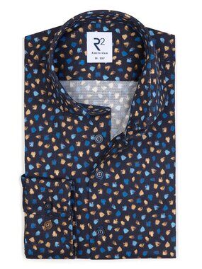 R2 Amsterdam Navy Blue Conversational Beige Print Long Sleeve Button Up Shirt